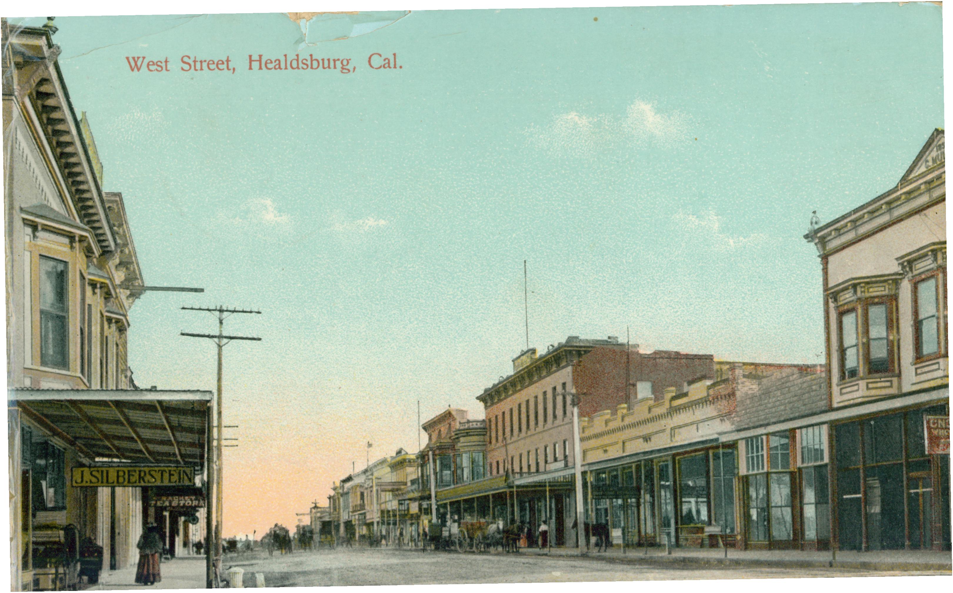 Shows West Street in Healdsburg lined by buildings.